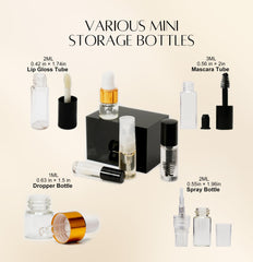 PrettyCare leak-proof droppers and bottles illustrated for spill-free skincare during travel.