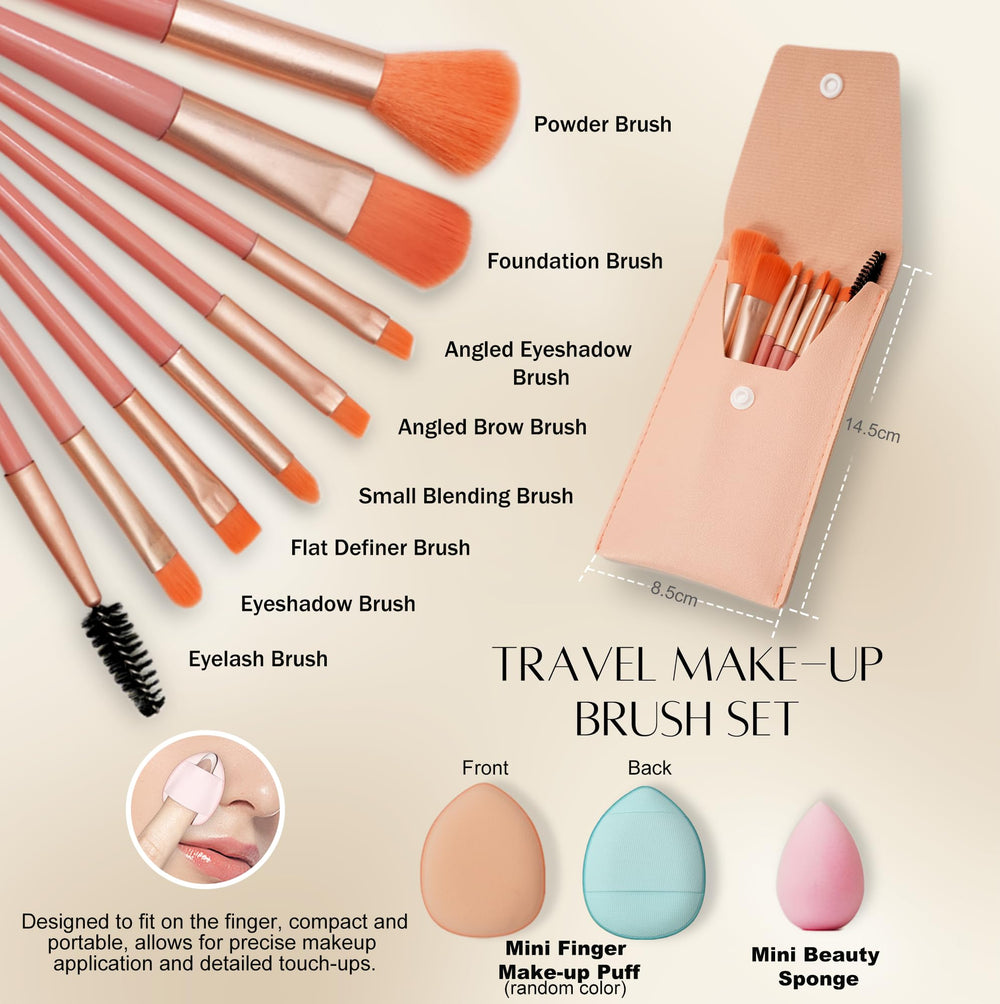 PrettyCare travel makeup containers set with brushes, showing compact toolkit for quick on-the-go looks.