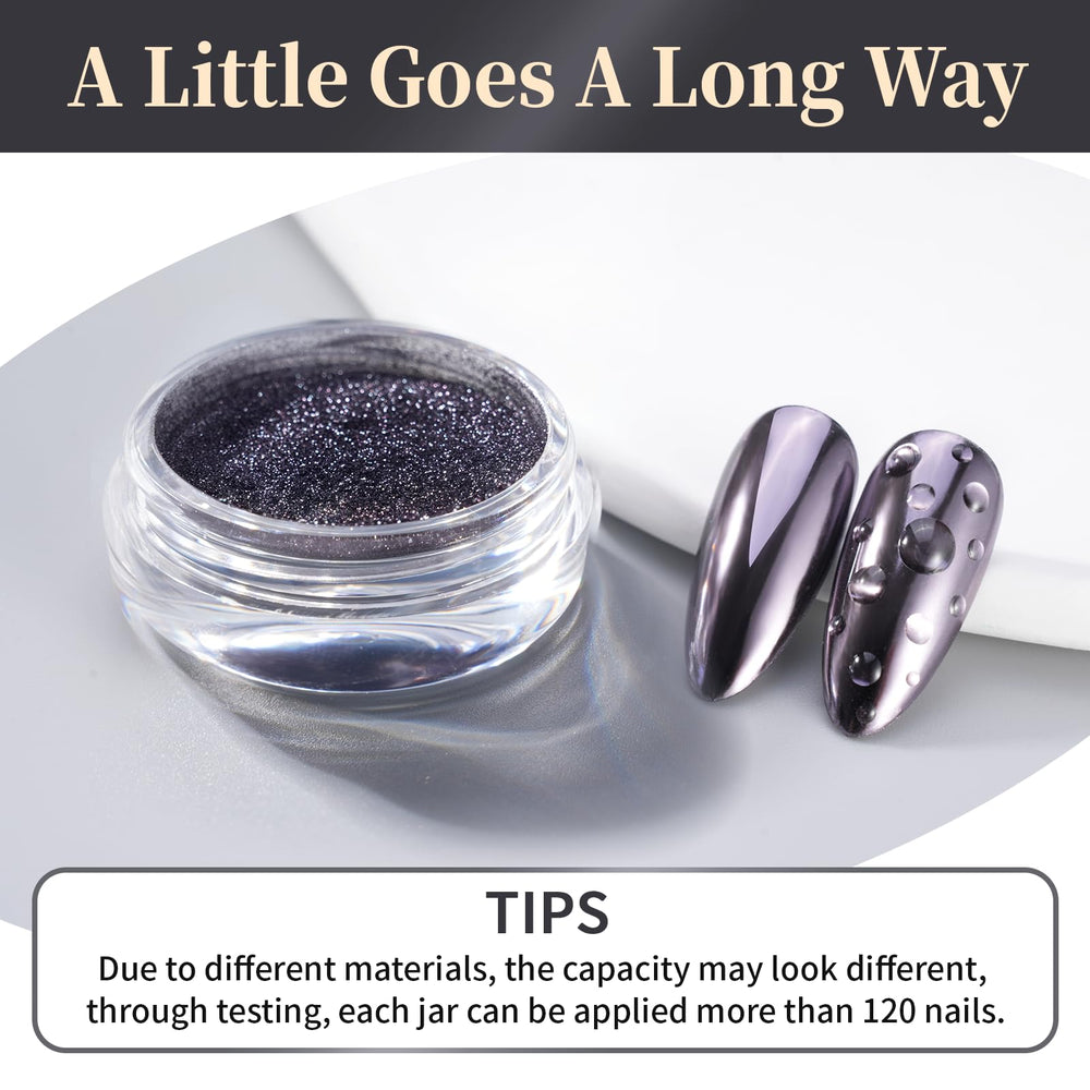 Pretty Diva chrome nail powder close-up reveals gunmetal shade with purple undertone.