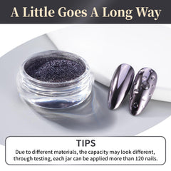Pretty Diva chrome nail powder close-up reveals gunmetal shade with purple undertone.