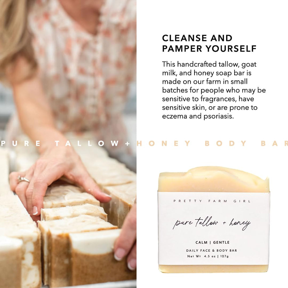 Pretty Farm Girl Pure Tallow + Honey Soap Bar lather demonstrates gentle cleansing for sensitive skin.
