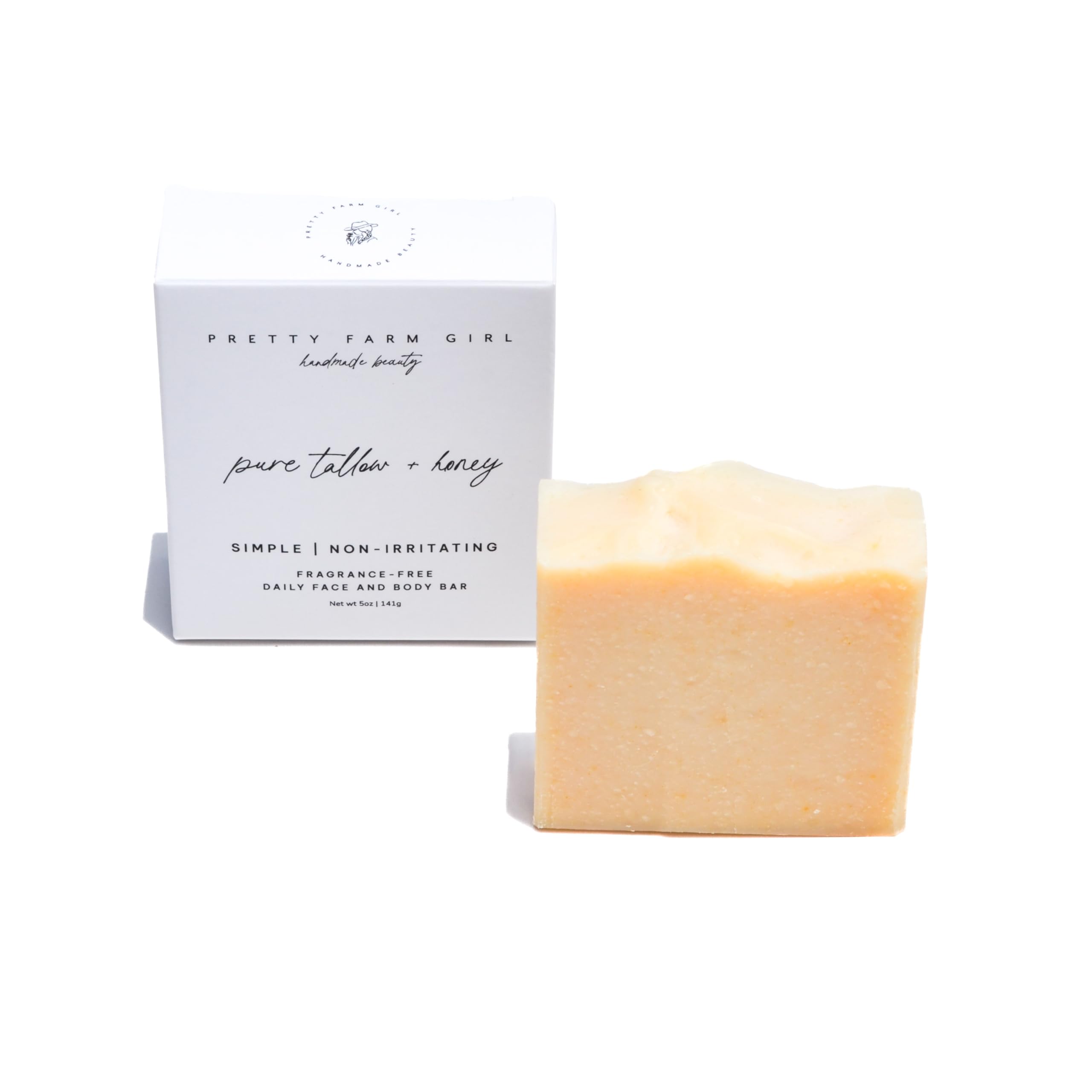 Pretty Farm Girl Pure Tallow + Honey Soap Bar packaging showcases eco-friendly materials for gentle skincare.