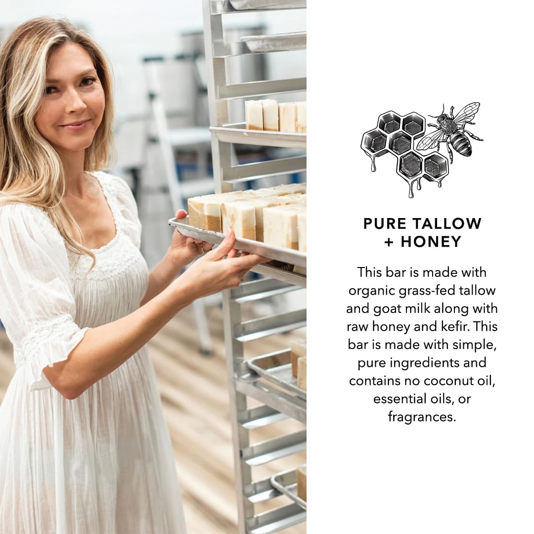 Pretty Farm Girl Pure Tallow + Honey Soap Bar raw ingredients highlight grass-fed tallow and honey.