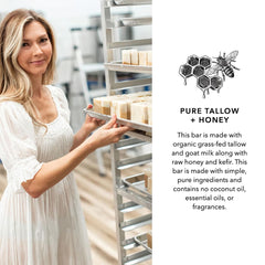 Pretty Farm Girl Pure Tallow + Honey Soap Bar raw ingredients highlight grass-fed tallow and honey.