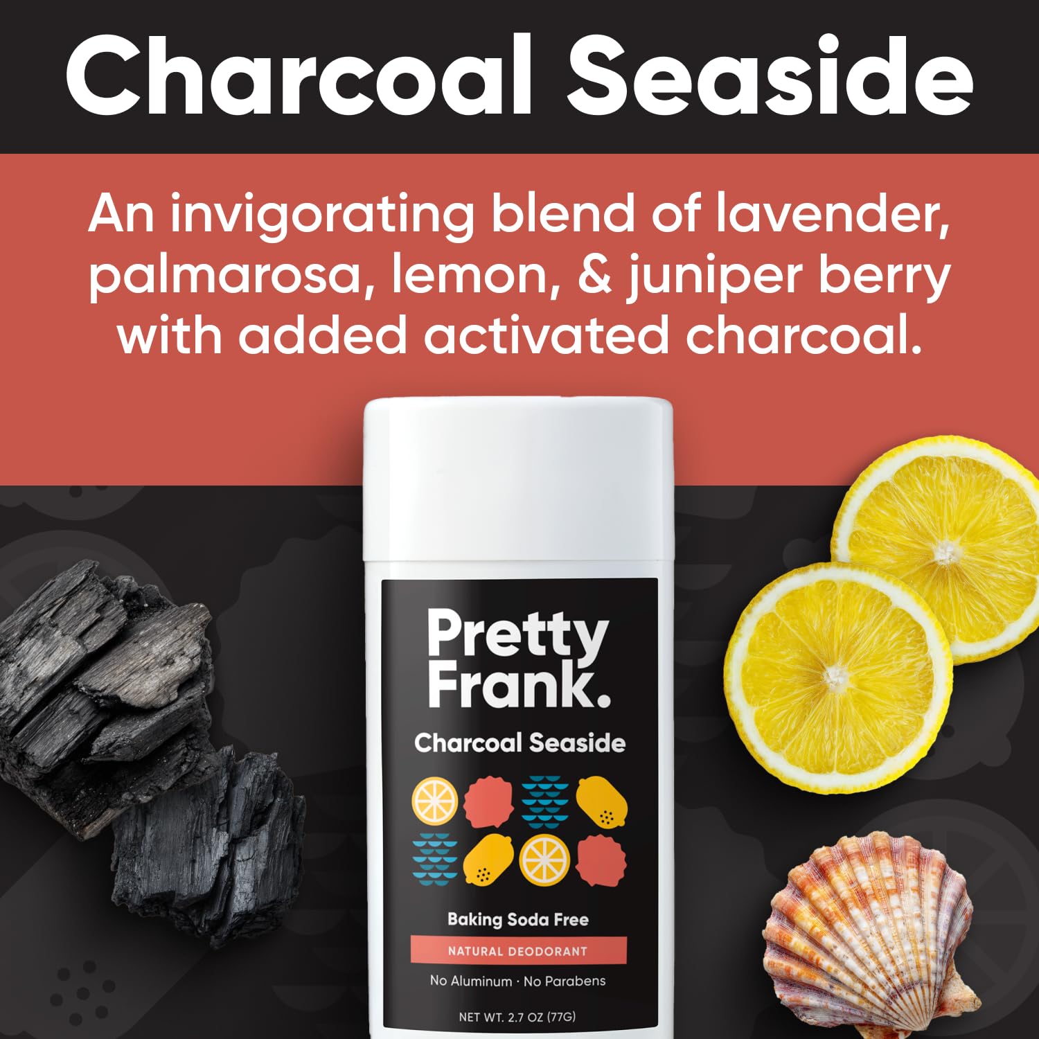 Pretty Frank charcoal seaside deodorant stick in use, demonstrating easy 1-2 swipe application.