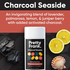 Pretty Frank charcoal seaside deodorant stick in use, demonstrating easy 1-2 swipe application.