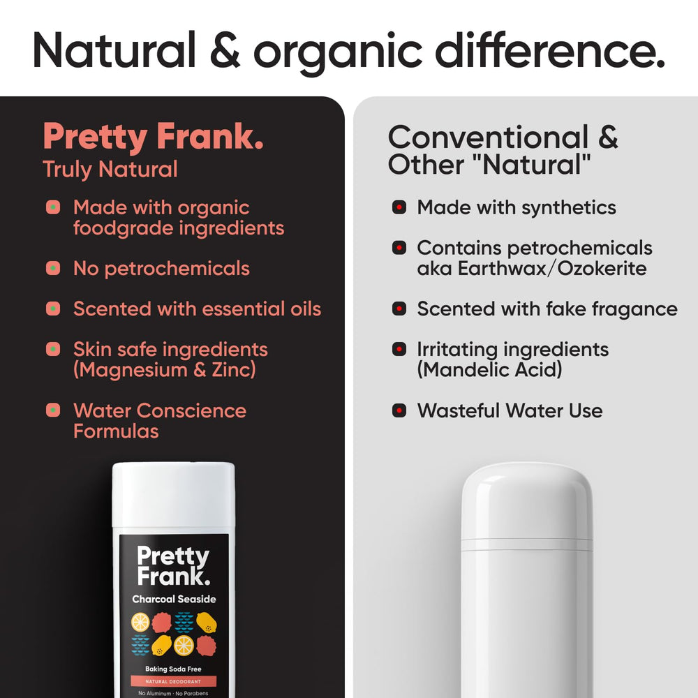 Pretty Frank charcoal seaside deodorant stick close-up highlights creamy texture and charcoal infusion.