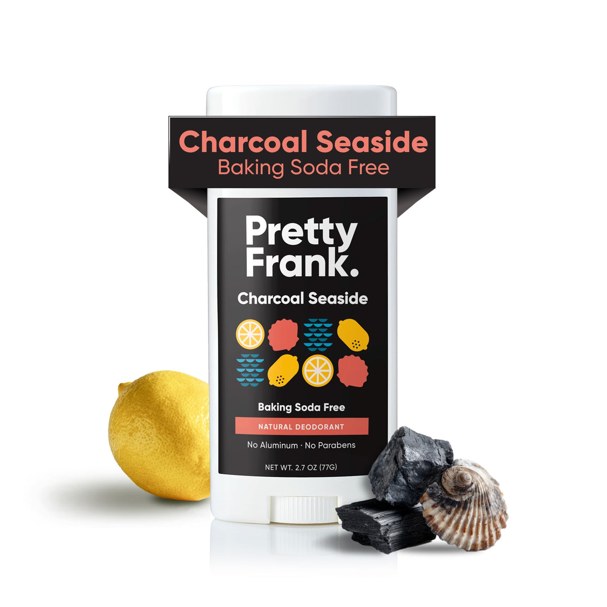 Pretty Frank charcoal seaside deodorant stick front view showing clean packaging for daily odor protection.