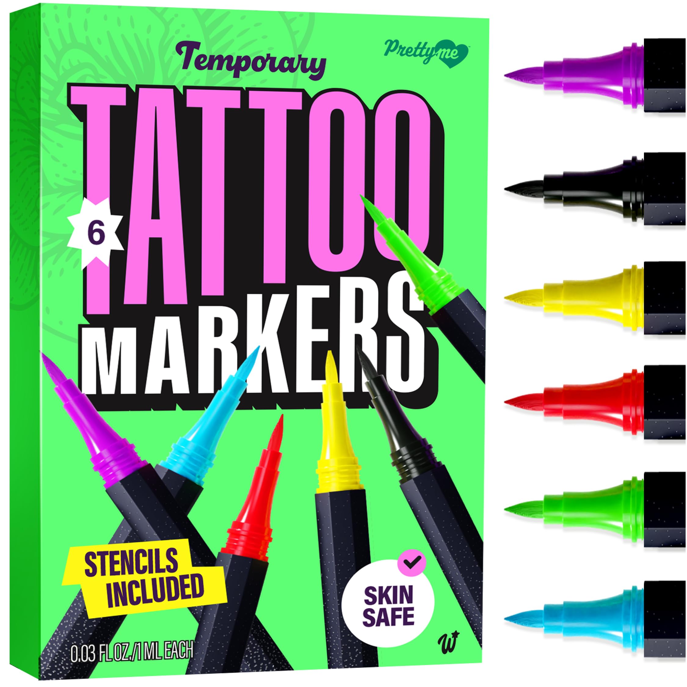 Pretty Me tattoo markers with six vivid colors for bold, long-lasting designs.