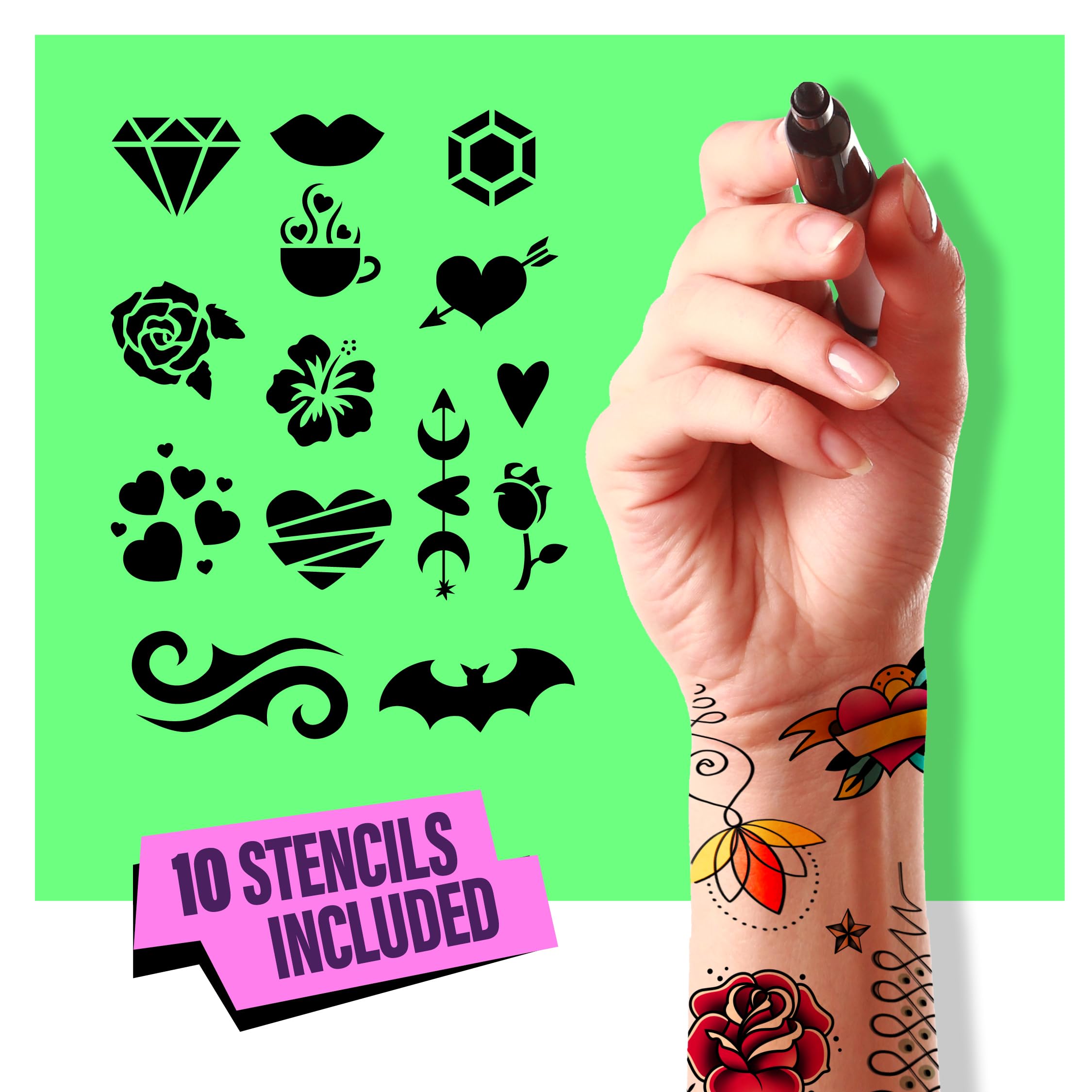 Pretty Me tattoo markers use water-resistant ink for vibrant designs that endure weather.