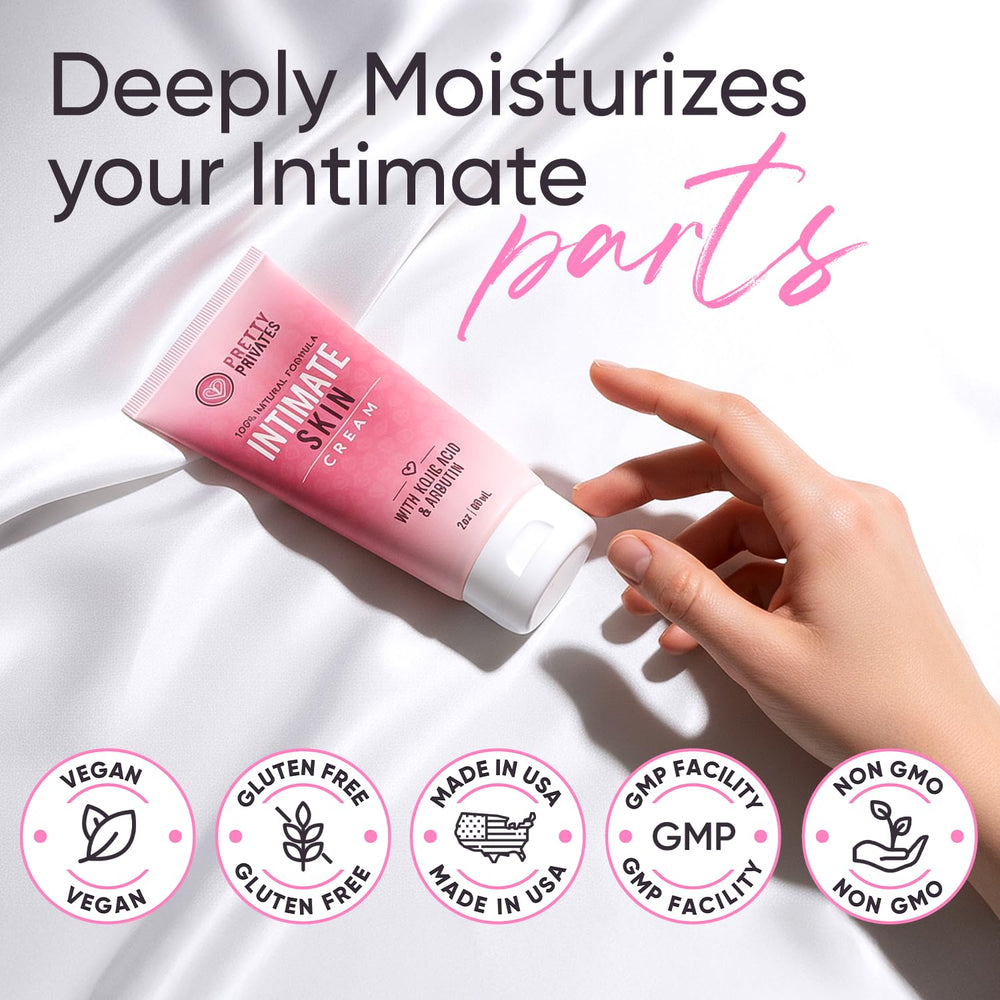 Texture close-up of Pretty Privates cream highlighting fast-absorbing, fragrance-free formula.