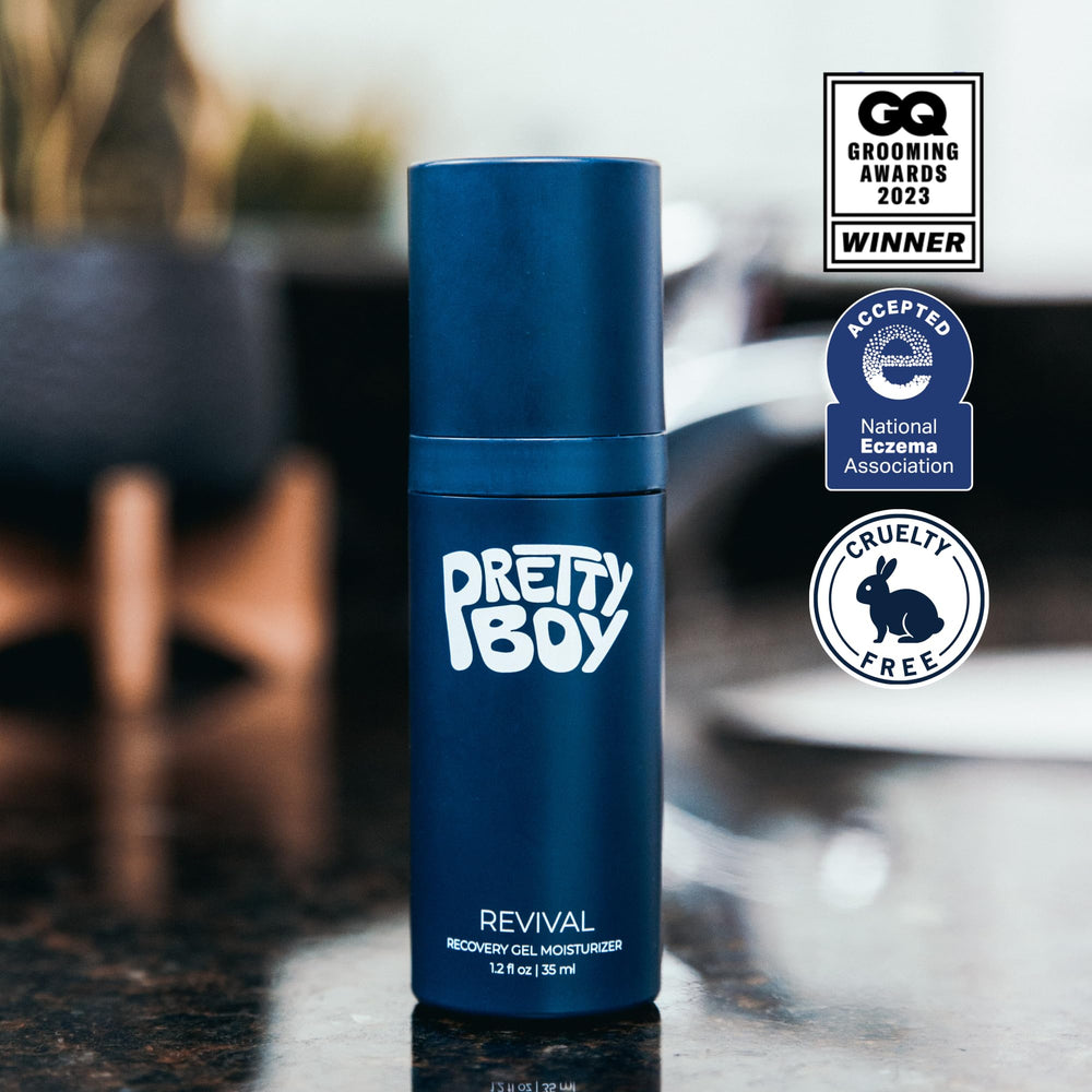 Prettyboy Face Revival Gel after-workout routine shows cooling, hydrating ritual.