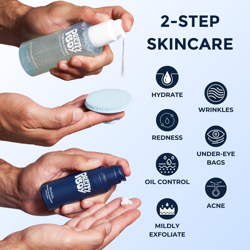 Prettyboy Face Revival Gel on face during application hints at immediate refresh.