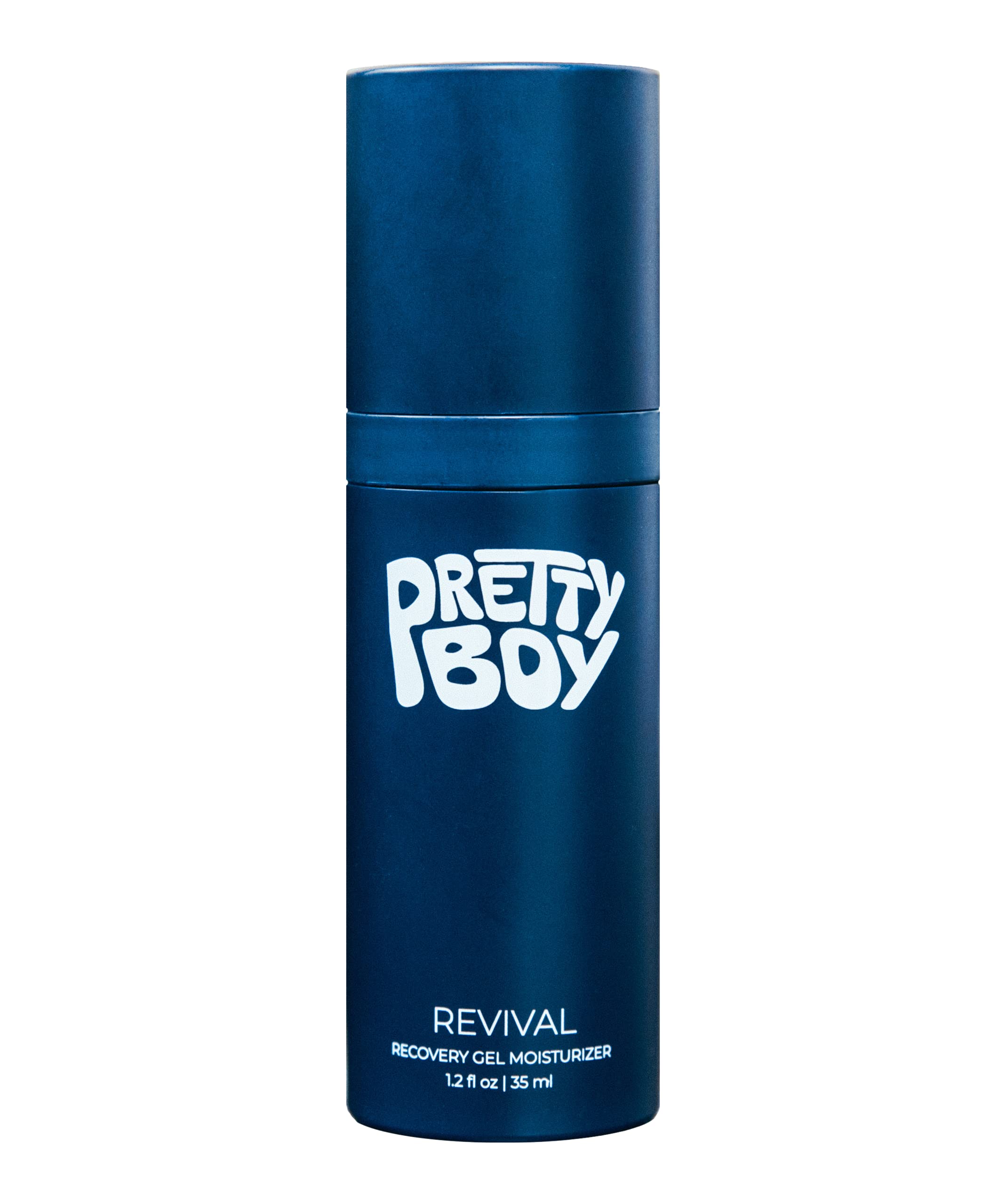 Prettyboy Face Revival Gel packaging shows easy pump for quick hydrating routine.