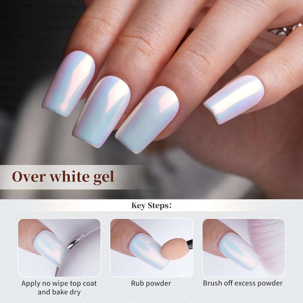 PrettyDiva mermaid-aurora-nail-powder-finish-on-nails swatch with rainbow glow.