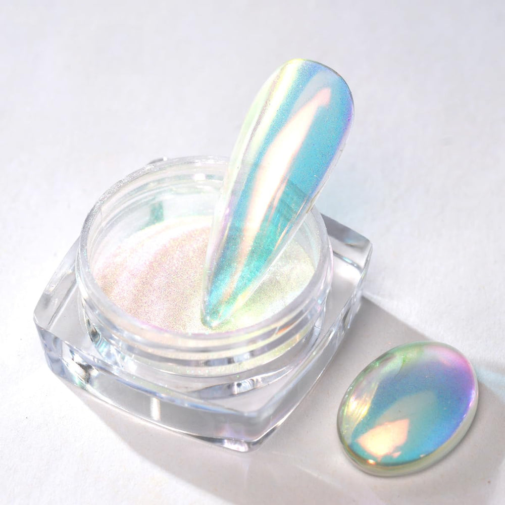 PrettyDiva mermaid-aurora-nail-powder-jar close-up shows iridescent chrome finish.