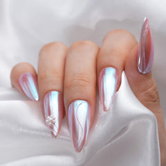 Pretty Diva Moonlight Chrome nails showcase a high-gloss reflective finish in light.