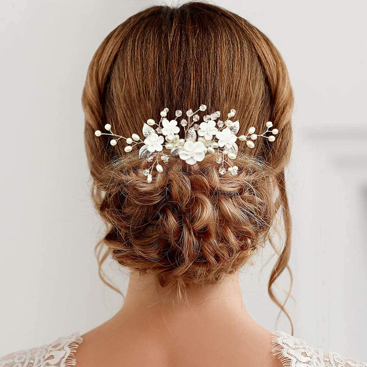 PrettyLife flower hair vine with bridal comb showing delicate white blooms for elegant wedding updos