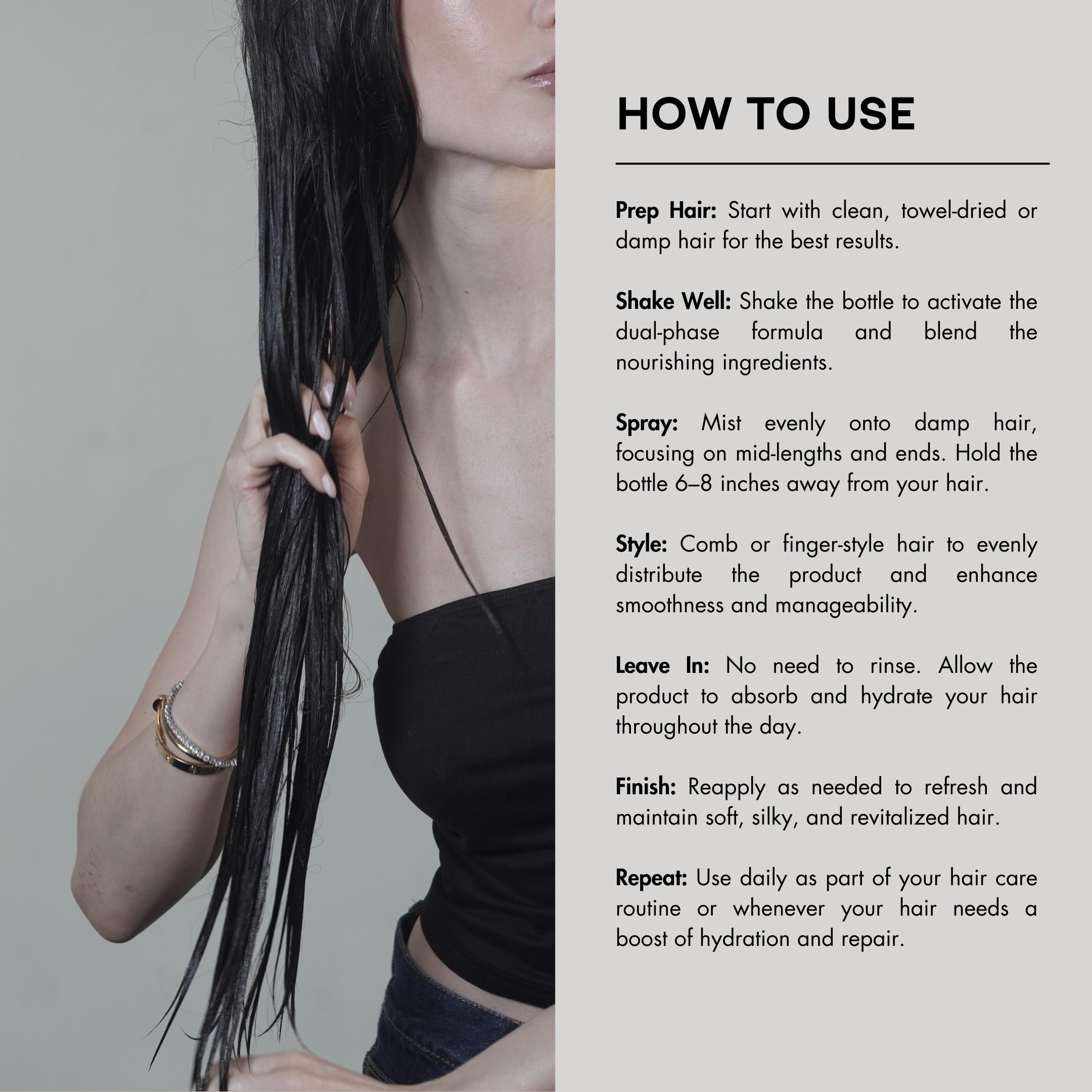 Spraying PREVIA detangles damp lengths for easier brush-through and smoother texture.