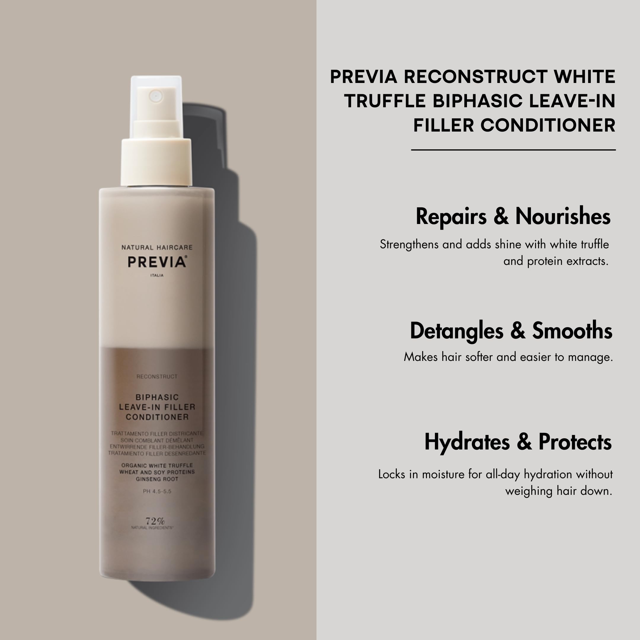 PREVIA Hydrating Biphasic Leave-In Spray being shaken to activate biphasic formula for moisture.