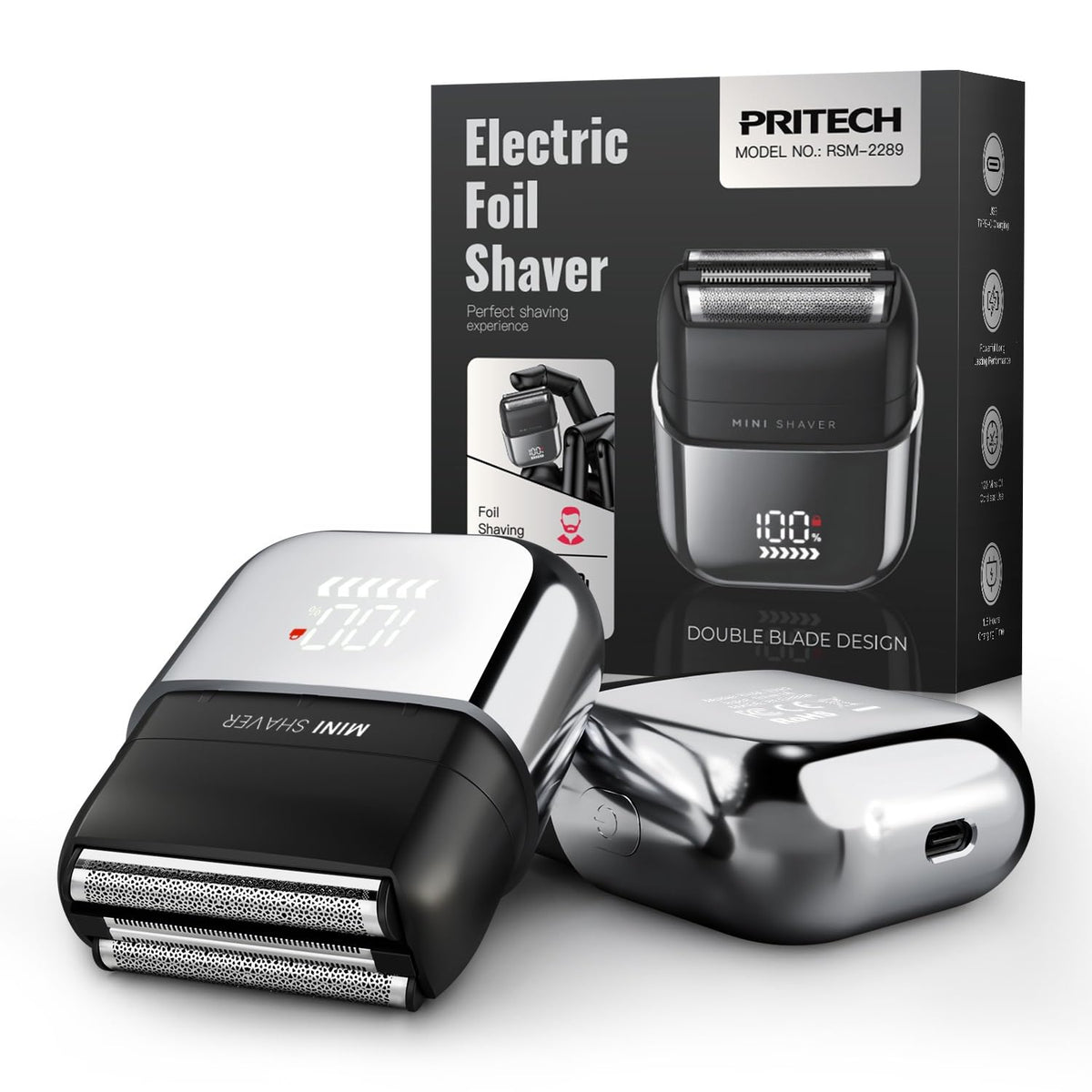 PRITECH electric foil shaver face closeup with 3-blade system for a smooth shave