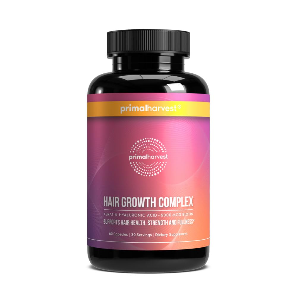 Primal Harvest Hair Growth bottle front for daily nourishment and easy supplementation.