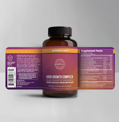 Primal Harvest Hair Growth capsules close-up highlighting biotin-rich formula for hair health.