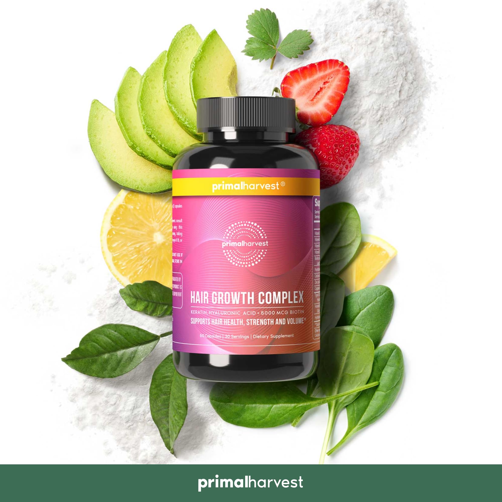 Primal Harvest Hair Growth gluten-free label supports allergy-conscious routines.