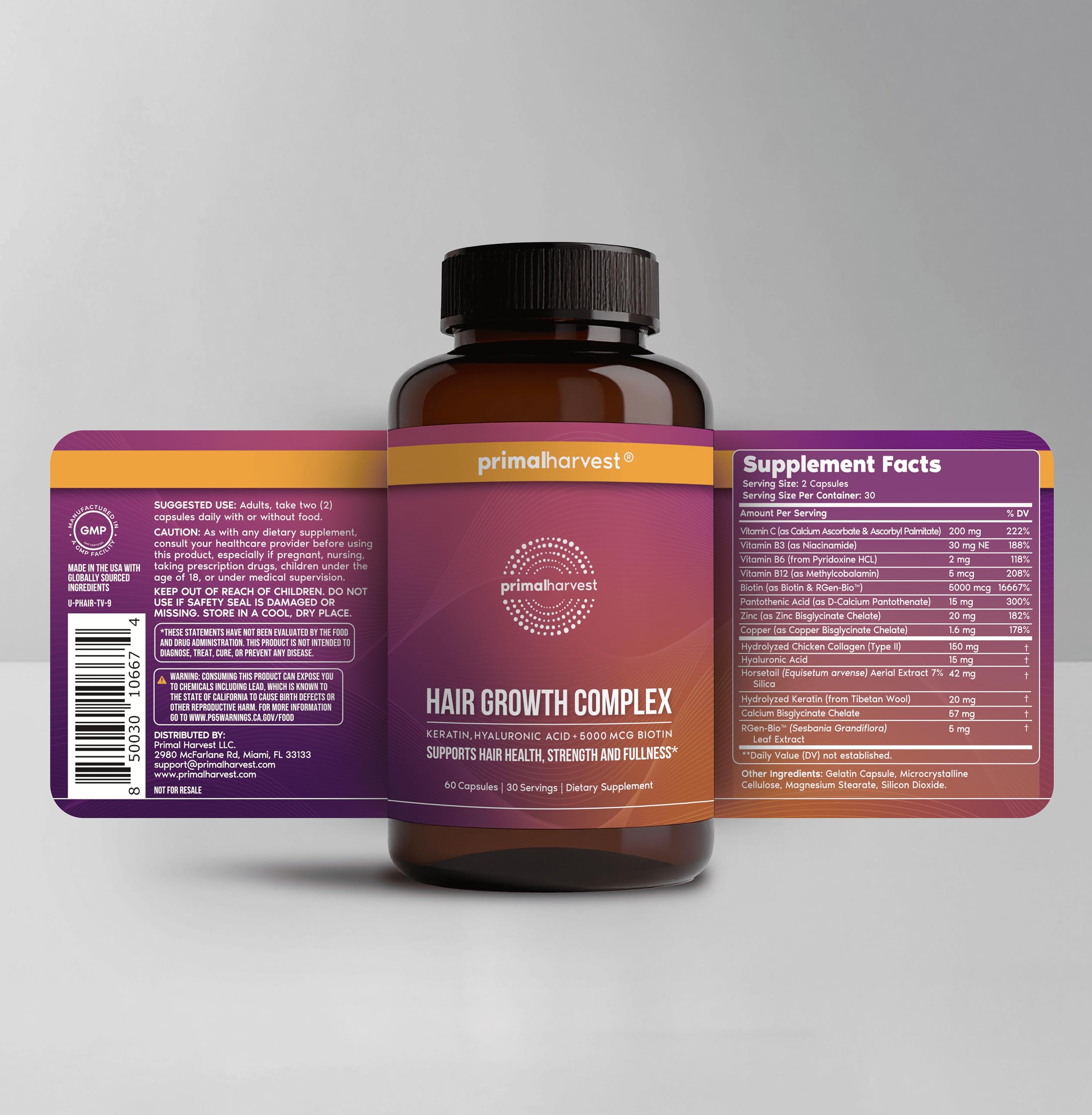 Primal Harvest label closeup shows non-GMO, premium ingredients for hair wellness