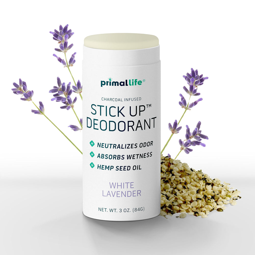 Primal Life Organics Stick Up deodorant travel tube for on-the-go freshness.