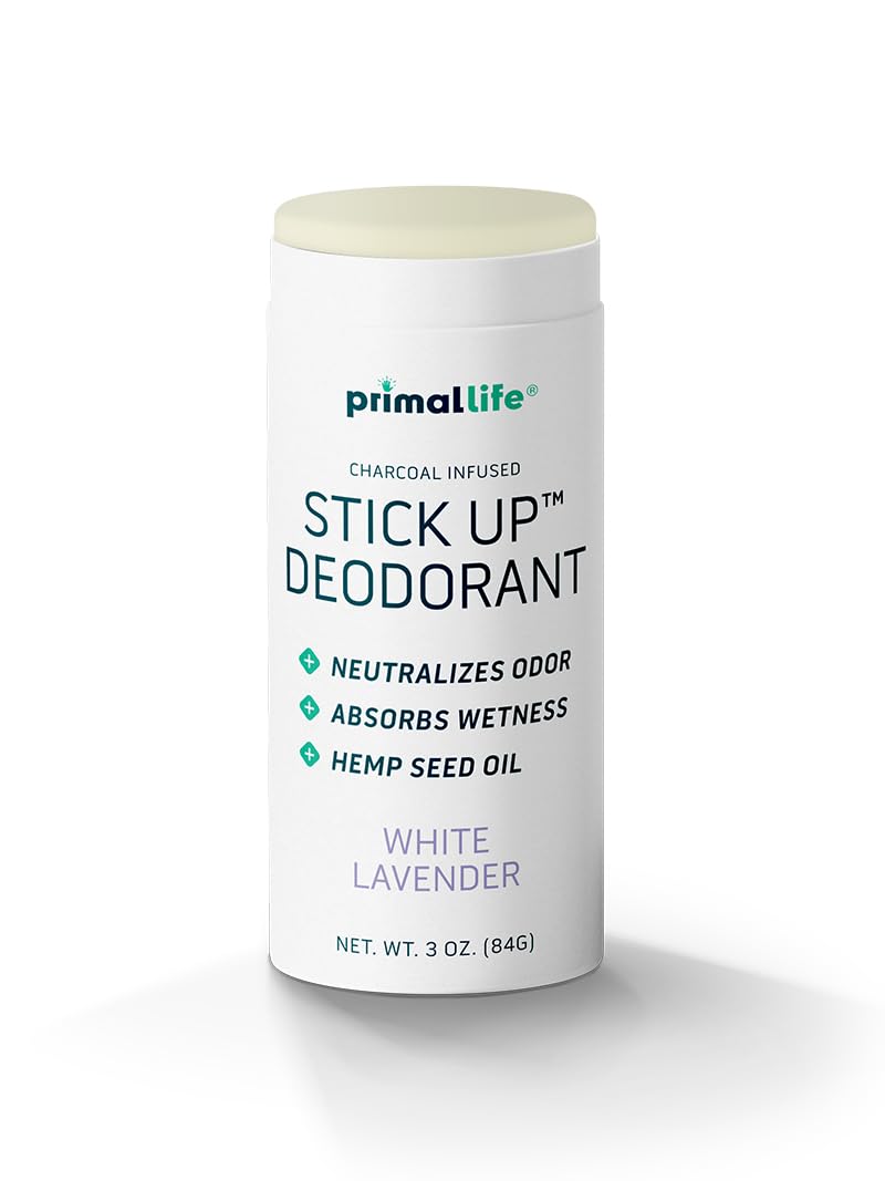Primal Life Organics Stick Up deodorant White Lavender packaging highlights eco-friendly, travel-ready design.