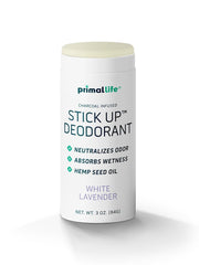 Primal Life Organics Stick Up deodorant White Lavender packaging highlights eco-friendly, travel-ready design.