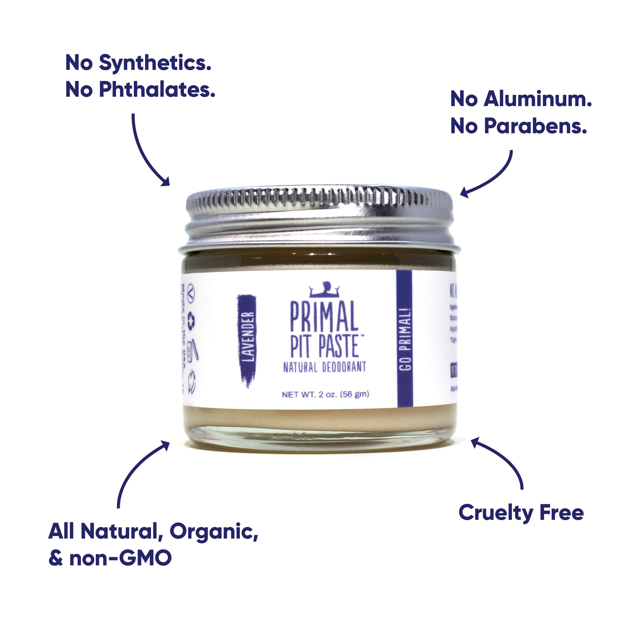 Primal Pit Paste lavender deodorant jar reveals aluminum-free formula for skin-friendly protection.