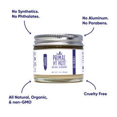 Primal Pit Paste lavender deodorant jar reveals aluminum-free formula for skin-friendly protection.