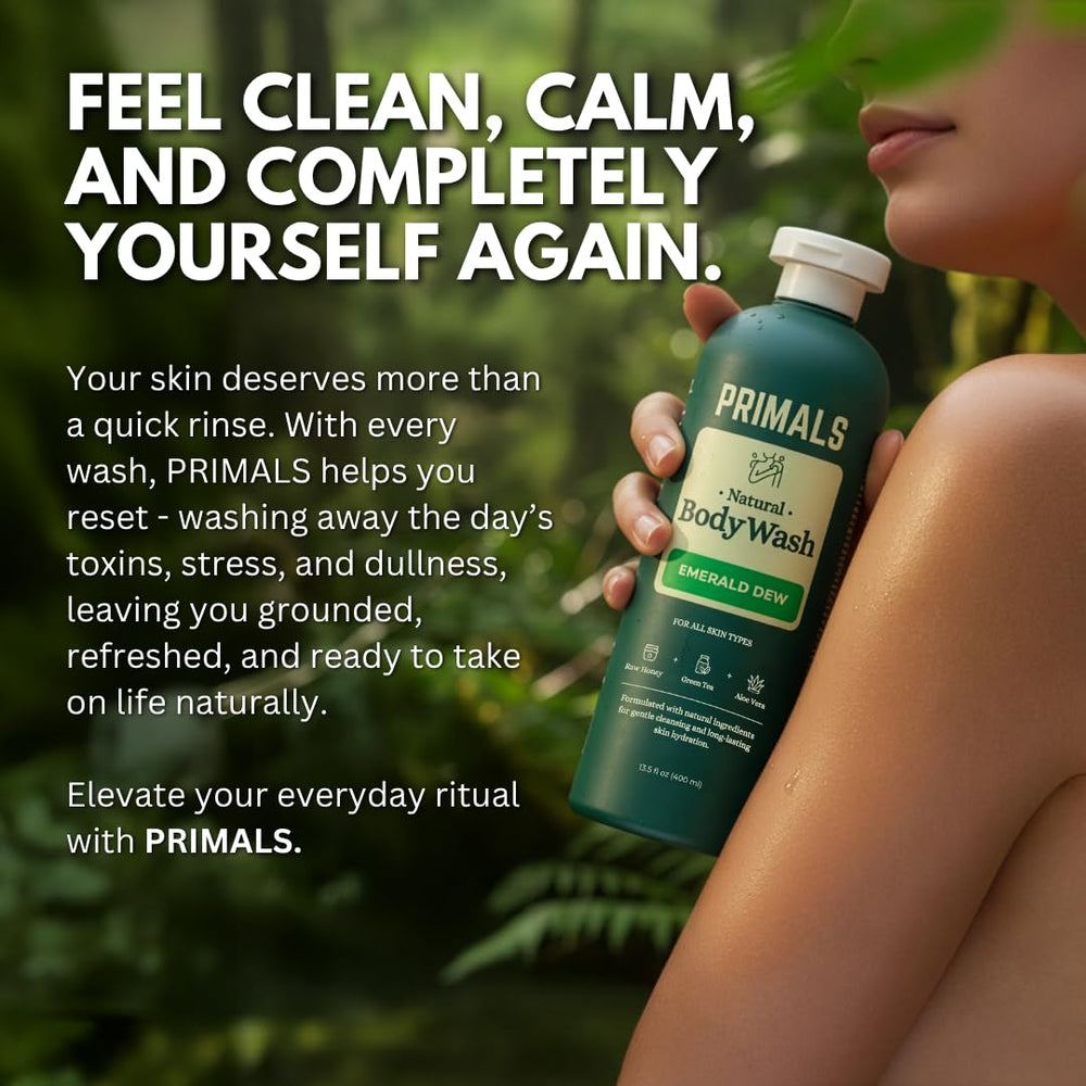 PRIMALS bathroom display with product on shelf suggests everyday wellness choice