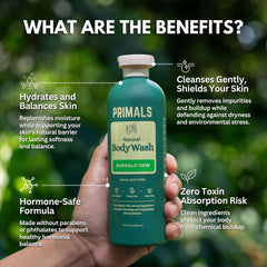 PRIMALS bottle back label shows fragrance-free formula for sensitive skin