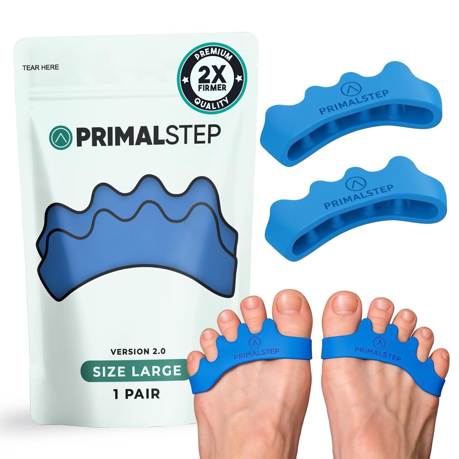 PRIMALSTEP 2.0 firm edition toe separators close-up showing medical grade silicone support for toe alignment.