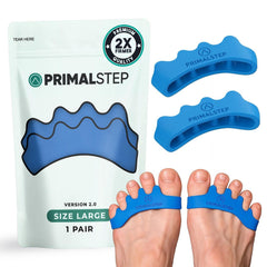 PRIMALSTEP 2.0 firm edition toe separators close-up showing medical grade silicone support for toe alignment.