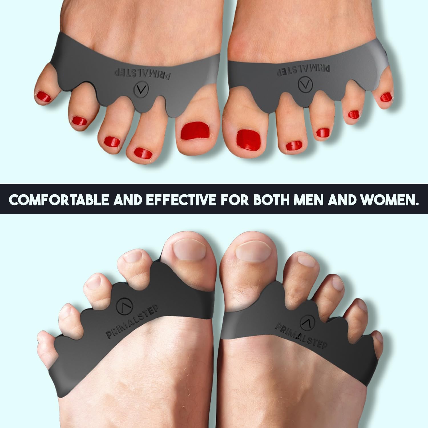 PRIMALSTEP toe separators worn with socks provide discreet support during everyday activities.