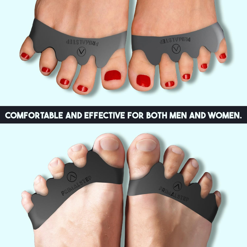 PRIMALSTEP toe separators worn with socks provide discreet support during everyday activities.