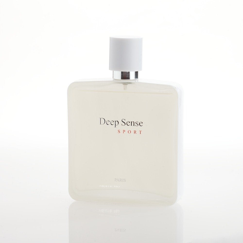 Prime Collection Deep Sense Sport bottle closeup highlighting a woody floral musk profile for evenings