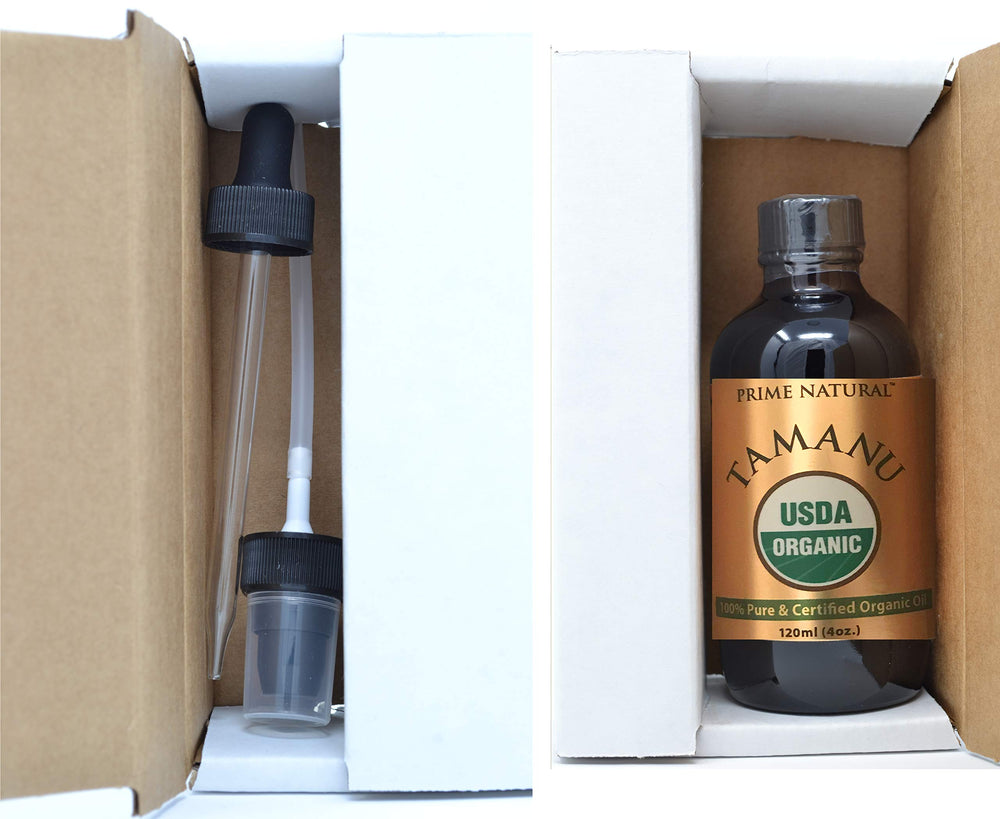 PRIME NATURAL Tamanu Oil amber bottle emphasizing storage stability
