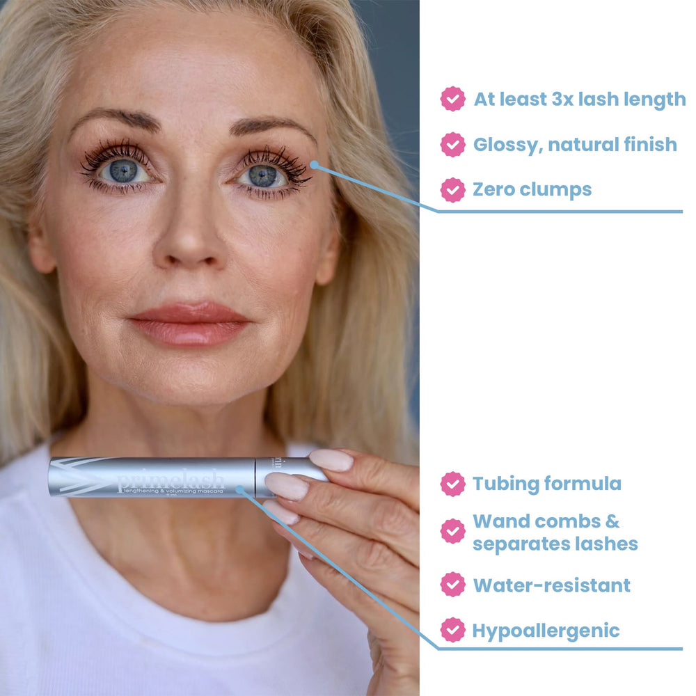 Prime Prometics PrimeLash lashes before after blue packaging showing length and volume.