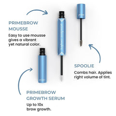 Prime Prometics PrimeBrow Complete mousse-tint applies subtle taupe color for fade-resistant brows.