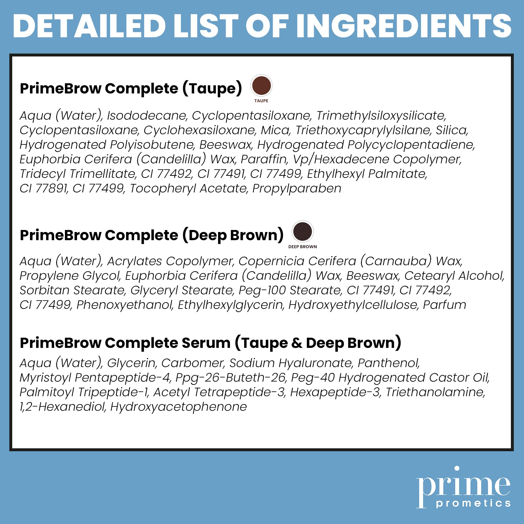 Prime Prometics PrimeBrow Complete taupe shade swatch on skin.