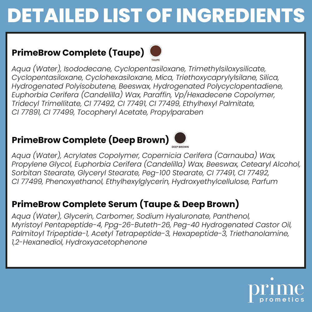 Prime Prometics PrimeBrow Complete taupe shade swatch on skin.