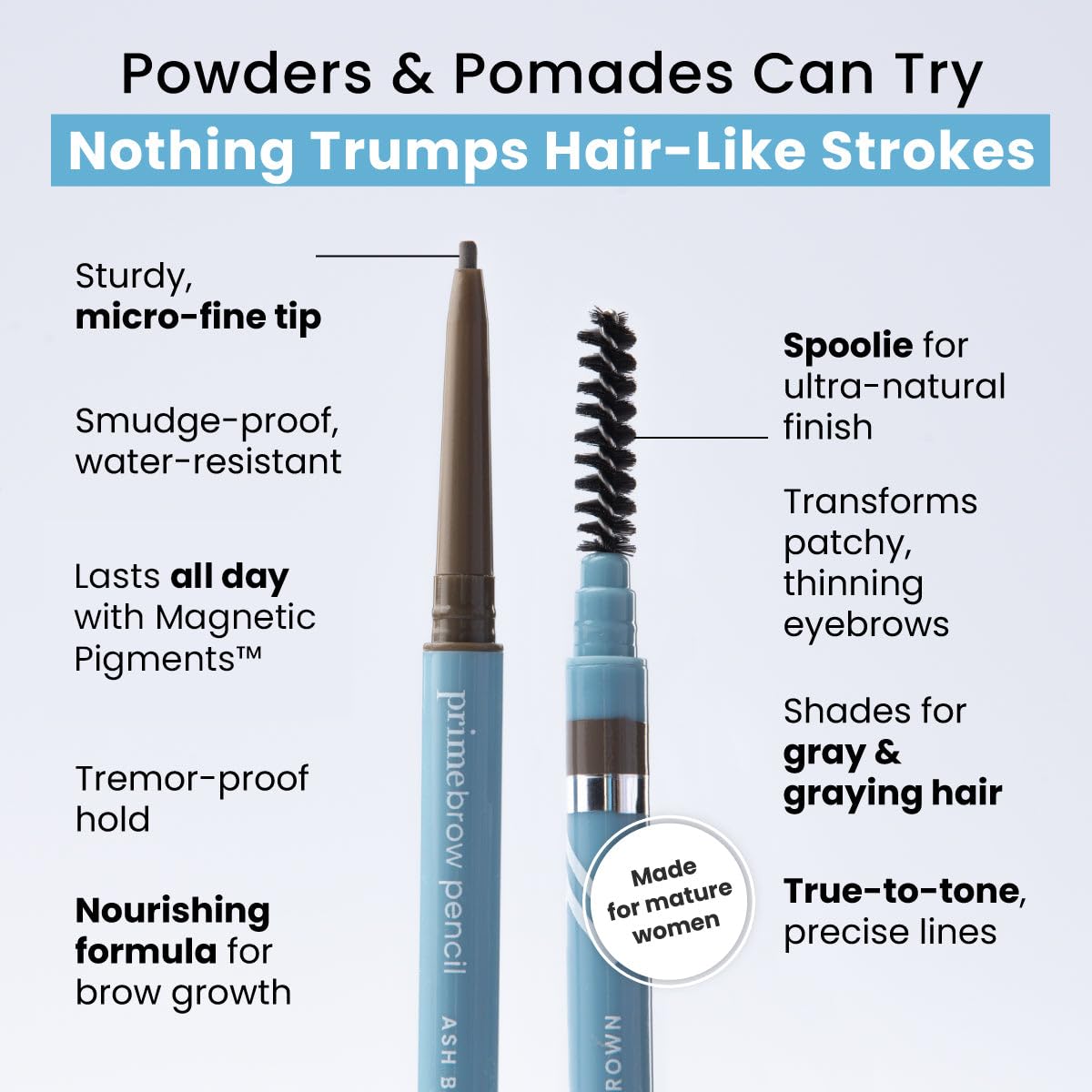 Prime Prometics PrimeBrow Pencil gray shade blends with graying brows for seamless color.