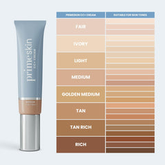PrimePrometics PrimeSkin CC+ Cream color swatches show diverse tone match.