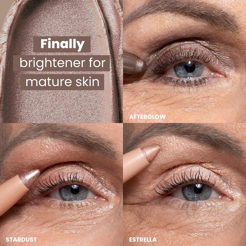 PrimeEyes swatch on lid shows radiant, buildable glow for mature eyes.