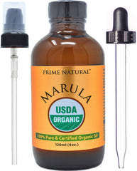 PRIME NATURAL Marula Oil bottle front for skin and hair nourishment.